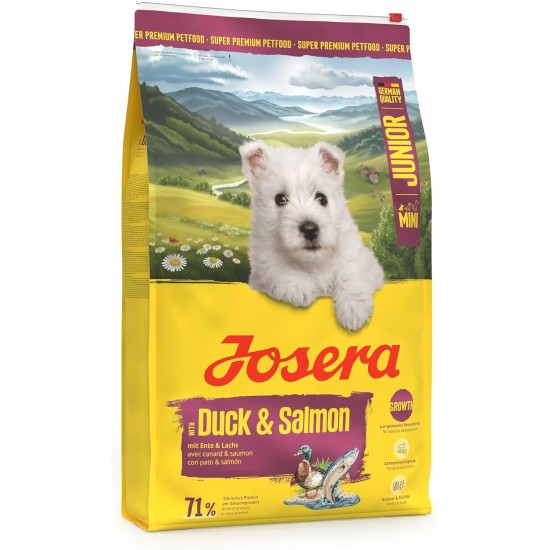 JOSERA MiniJunior Puppy Food for Small Breeds with Duck and Salmon, for Optimal Development, Super Premium Dry Food for Growing Dogs, Pack of 5 (5 x 900 Grams) JOSERA MiniJunior Puppy Food for Small Breeds with Duck and Salmon, for Optimal Development, Super Premium Dry Food for Growing Dogs, Pack of 5 (5 x 900 Grams)