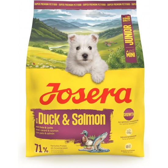 JOSERA MiniJunior Puppy Food for Small Breeds with Duck and Salmon, for Optimal Development, Super Premium Dry Food for Growing Dogs, Pack of 5 (5 x 900 Grams) JOSERA MiniJunior Puppy Food for Small Breeds with Duck and Salmon, for Optimal Development, Super Premium Dry Food for Growing Dogs, Pack of 5 (5 x 900 Grams)