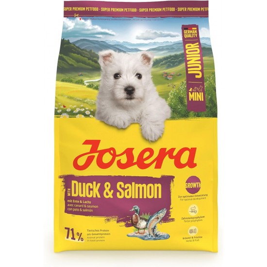 JOSERA MiniJunior Puppy Food for Small Breeds with Duck and Salmon, for Optimal Development, Super Premium Dry Food for Growing Dogs, Pack of 5 (5 x 900 Grams) JOSERA MiniJunior Puppy Food for Small Breeds with Duck and Salmon, for Optimal Development, Super Premium Dry Food for Growing Dogs, Pack of 5 (5 x 900 Grams)