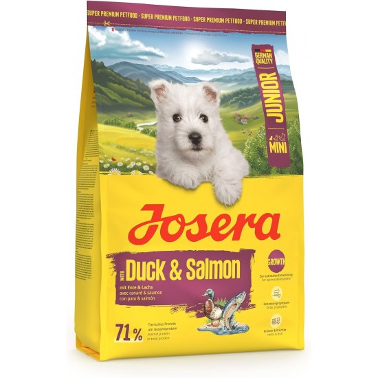JOSERA MiniJunior Puppy Food for Small Breeds with Duck and Salmon, for Optimal Development, Super Premium Dry Food for Growing Dogs, Pack of 5 (5 x 900 Grams) JOSERA MiniJunior Puppy Food for Small Breeds with Duck and Salmon, for Optimal Development, Super Premium Dry Food for Growing Dogs, Pack of 5 (5 x 900 Grams)