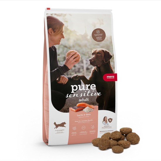 MERA Pure Sensitive Adult Salmon and Rice Dog Food - Dry Food for Daily Diet of Food-Sensitive Dogs. MERA Pure Sensitive Adult Salmon and Rice Dog Food - Dry Food for Daily Diet of Food-Sensitive Dogs.