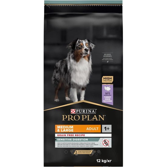 Pro Plan Grain Free Medium & Large Adult Sensitive Digestion, Dry Dog Food, Rich in Turkey, Pack of 1 (1 x 12 kg) Pro Plan Grain Free Medium & Large Adult Sensitive Digestion, Dry Dog Food, Rich in Turkey, Pack of 1 (1 x 12 kg)