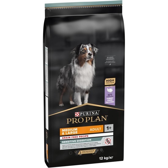 Pro Plan Grain Free Medium & Large Adult Sensitive Digestion, Dry Dog Food, Rich in Turkey, Pack of 1 (1 x 12 kg) Pro Plan Grain Free Medium & Large Adult Sensitive Digestion, Dry Dog Food, Rich in Turkey, Pack of 1 (1 x 12 kg)