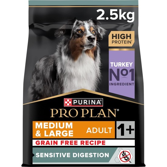Pro Plan Grain Free Medium & Large Adult Sensitive Digestion, Dry Dog Food, Rich in Turkey, Pack of 1 (1 x 12 kg) Pro Plan Grain Free Medium & Large Adult Sensitive Digestion, Dry Dog Food, Rich in Turkey, Pack of 1 (1 x 12 kg)