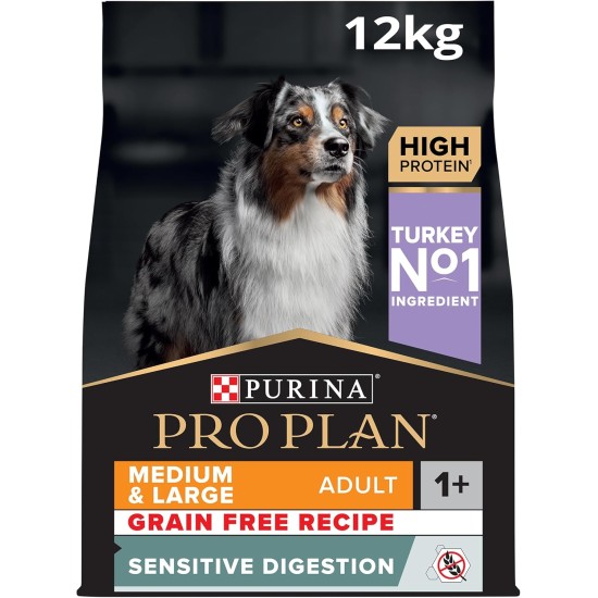 Pro Plan Grain Free Medium & Large Adult Sensitive Digestion, Dry Dog Food, Rich in Turkey, Pack of 1 (1 x 12 kg) Pro Plan Grain Free Medium & Large Adult Sensitive Digestion, Dry Dog Food, Rich in Turkey, Pack of 1 (1 x 12 kg)