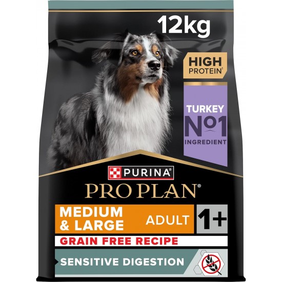 Pro Plan Grain Free Medium & Large Adult Sensitive Digestion, Dry Dog Food, Rich in Turkey, Pack of 1 (1 x 12 kg) Pro Plan Grain Free Medium & Large Adult Sensitive Digestion, Dry Dog Food, Rich in Turkey, Pack of 1 (1 x 12 kg)