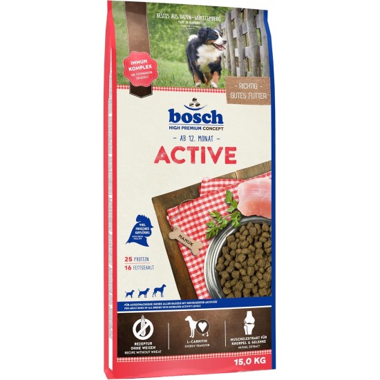 bosch HPC Active | Hundetrockenfutter für ausgewachsene Hunde aller Rassen mit gesteigerter Aktivität | 1 x 15 kg,Geflügel