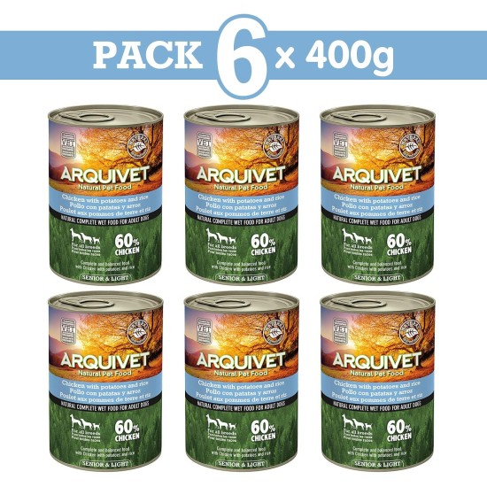 ARQUIVET Chicken Cans with Potatoes and Rice with Salmon Oil, 6 Pieces x 400g, Wet Dog Food for Older Dogs, All Types of Breeds ARQUIVET Chicken Cans with Potatoes and Rice with Salmon Oil, 6 Pieces x 400g, Wet Dog Food for Older Dogs, All Types of Breeds