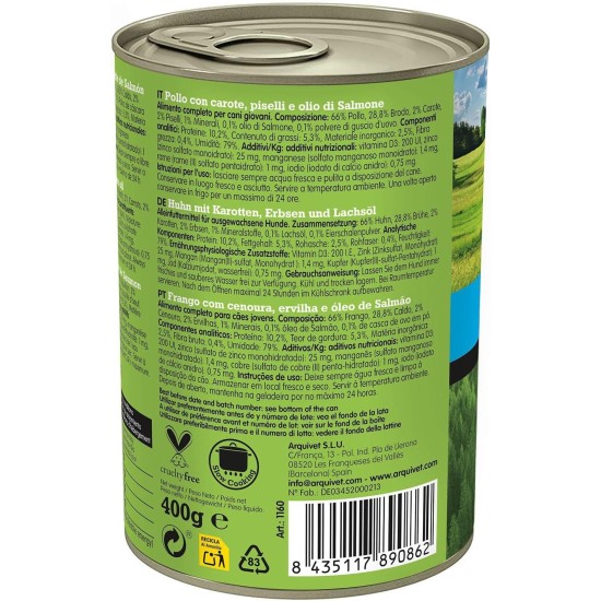 ARQUIVET Junior Chicken with Carrots, Peas and Salmon Oil 400g Can Wet Dog Puppy All Breeds Natural Dog Food ARQUIVET Junior Chicken with Carrots, Peas and Salmon Oil 400g Can Wet Dog Puppy All Breeds Natural Dog Food