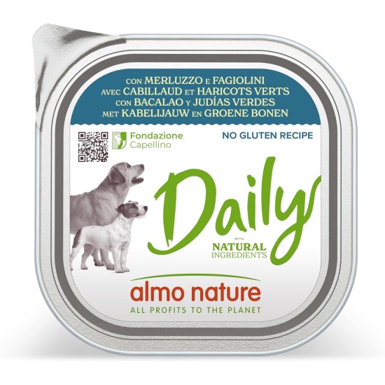 Almo Nature Daily Wet Food for Adults Dogs with Cod and Garden Beans - Aluminium Bowl 300 g