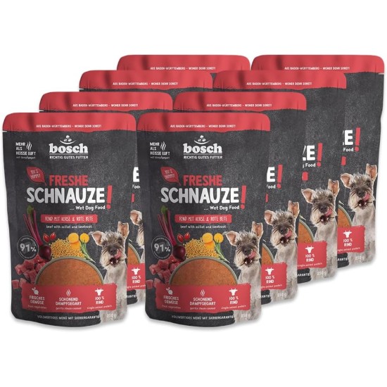 Bosch Freshe Schnout, Action Pack Wet Food 5 x 250 g, Gentle Steam-Cooked Complete Food for Dogs, Flavours: Beef, Chicken and Turkey, Tasting Pack, Wet Food for Dogs Bosch Freshe Schnout, Action Pack Wet Food 5 x 250 g, Gentle Steam-Cooked Complete Food for Dogs, Flavours: Beef, Chicken and Turkey, Tasting Pack, Wet Food for Dogs