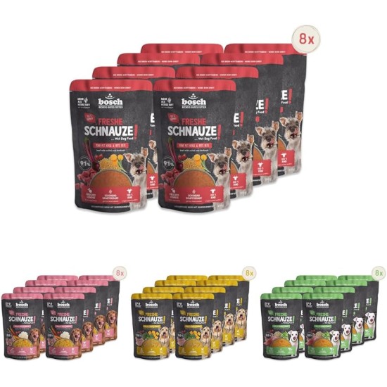 Bosch Freshe Schnout, Action Pack Wet Food 5 x 250 g, Gentle Steam-Cooked Complete Food for Dogs, Flavours: Beef, Chicken and Turkey, Tasting Pack, Wet Food for Dogs Bosch Freshe Schnout, Action Pack Wet Food 5 x 250 g, Gentle Steam-Cooked Complete Food for Dogs, Flavours: Beef, Chicken and Turkey, Tasting Pack, Wet Food for Dogs
