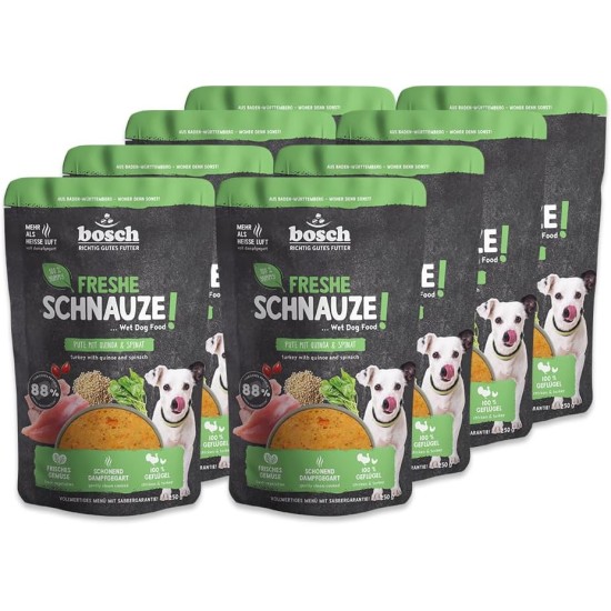 Bosch Freshe Schnout, Action Pack Wet Food 5 x 250 g, Gentle Steam-Cooked Complete Food for Dogs, Flavours: Beef, Chicken and Turkey, Tasting Pack, Wet Food for Dogs Bosch Freshe Schnout, Action Pack Wet Food 5 x 250 g, Gentle Steam-Cooked Complete Food for Dogs, Flavours: Beef, Chicken and Turkey, Tasting Pack, Wet Food for Dogs