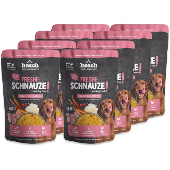 Bosch Freshe Schnout, Action Pack Wet Food 5 x 250 g, Gentle Steam-Cooked Complete Food for Dogs, Flavours: Beef, Chicken and Turkey, Tasting Pack, Wet Food for Dogs Bosch Freshe Schnout, Action Pack Wet Food 5 x 250 g, Gentle Steam-Cooked Complete Food for Dogs, Flavours: Beef, Chicken and Turkey, Tasting Pack, Wet Food for Dogs