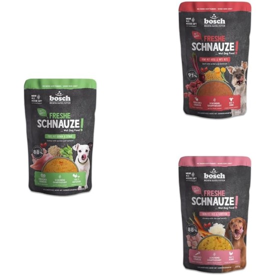 Bosch Freshe Schnout, Action Pack Wet Food 5 x 250 g, Gentle Steam-Cooked Complete Food for Dogs, Flavours: Beef, Chicken and Turkey, Tasting Pack, Wet Food for Dogs Bosch Freshe Schnout, Action Pack Wet Food 5 x 250 g, Gentle Steam-Cooked Complete Food for Dogs, Flavours: Beef, Chicken and Turkey, Tasting Pack, Wet Food for Dogs