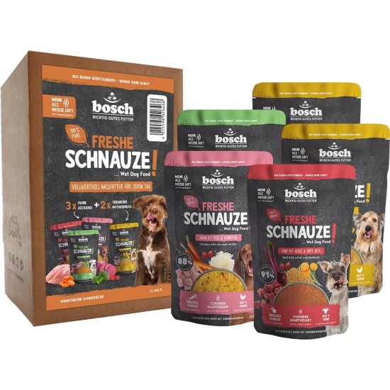 Bosch Freshe Schnout, Action Pack Wet Food 5 x 250 g, Gentle Steam-Cooked Complete Food for Dogs, Flavours: Beef, Chicken and Turkey, Tasting Pack, Wet Food for Dogs Bosch Freshe Schnout, Action Pack Wet Food 5 x 250 g, Gentle Steam-Cooked Complete Food for Dogs, Flavours: Beef, Chicken and Turkey, Tasting Pack, Wet Food for Dogs