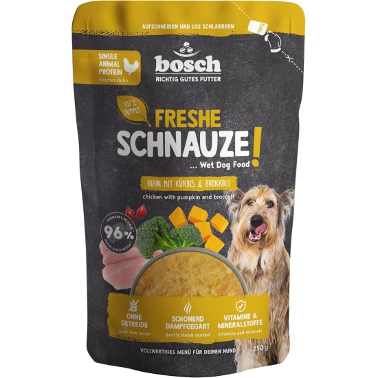 Bosch Freshe Schnout, Action Pack Wet Food 5 x 250 g, Gentle Steam-Cooked Complete Food for Dogs, Flavours: Beef, Chicken and Turkey, Tasting Pack, Wet Food for Dogs Bosch Freshe Schnout, Action Pack Wet Food 5 x 250 g, Gentle Steam-Cooked Complete Food for Dogs, Flavours: Beef, Chicken and Turkey, Tasting Pack, Wet Food for Dogs