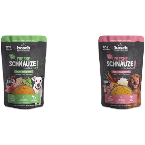 Bosch Freshe Schnout, Action Pack Wet Food 5 x 250 g, Gentle Steam-Cooked Complete Food for Dogs, Flavours: Beef, Chicken and Turkey, Tasting Pack, Wet Food for Dogs Bosch Freshe Schnout, Action Pack Wet Food 5 x 250 g, Gentle Steam-Cooked Complete Food for Dogs, Flavours: Beef, Chicken and Turkey, Tasting Pack, Wet Food for Dogs