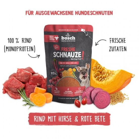 Bosch Freshe Schnout, Beef with Millet and Beetroot 1 x 250 g, Gentle Steam-Cooked Wet Food for Dogs, Complete Food with High Meat Content, 250 g Dog Wet Food Bosch Freshe Schnout, Beef with Millet and Beetroot 1 x 250 g, Gentle Steam-Cooked Wet Food for Dogs, Complete Food with High Meat Content, 250 g Dog Wet Food