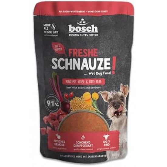 Bosch Freshe Schnout, Beef with Millet and Beetroot 1 x 250 g, Gentle Steam-Cooked Wet Food for Dogs, Complete Food with High Meat Content, 250 g Dog Wet Food Bosch Freshe Schnout, Beef with Millet and Beetroot 1 x 250 g, Gentle Steam-Cooked Wet Food for Dogs, Complete Food with High Meat Content, 250 g Dog Wet Food