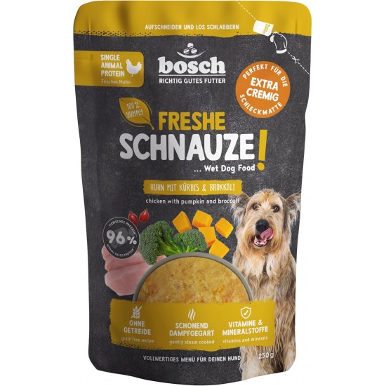 Bosch Freshe Snout, Chicken with Pumpkin and Broccoli, 8 x 250 g, Gentle Steam-Cooked Wet Food for Dogs, Complete Food with High Meat Content, 8 x 250 g Wet Dog Food Bosch Freshe Snout, Chicken with Pumpkin and Broccoli, 8 x 250 g, Gentle Steam-Cooked Wet Food for Dogs, Complete Food with High Meat Content, 8 x 250 g Wet Dog Food