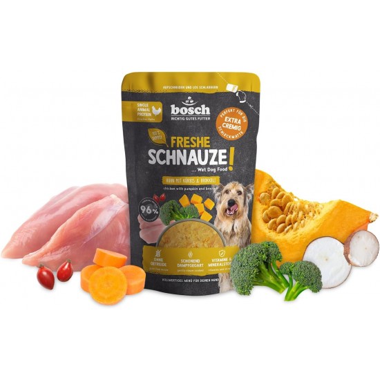 Bosch Freshe Snout, Chicken with Pumpkin and Broccoli, 8 x 250 g, Gentle Steam-Cooked Wet Food for Dogs, Complete Food with High Meat Content, 8 x 250 g Wet Dog Food Bosch Freshe Snout, Chicken with Pumpkin and Broccoli, 8 x 250 g, Gentle Steam-Cooked Wet Food for Dogs, Complete Food with High Meat Content, 8 x 250 g Wet Dog Food