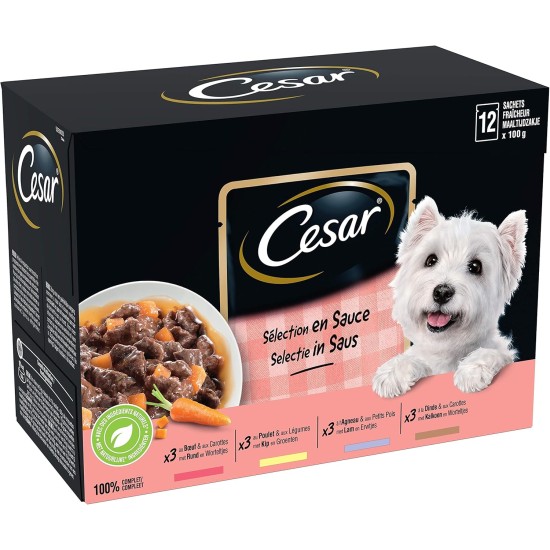 CESAR Meal for Dogs - 48 Fresh Bags (4 Packs of 12 x 100g) - Wet Dog Food in Sauce - Beef/Chicken/Lamb/Turkey - Whole Food & Balanced Diet with Natural CESAR Meal for Dogs - 48 Fresh Bags (4 Packs of 12 x 100g) - Wet Dog Food in Sauce - Beef/Chicken/Lamb/Turkey - Whole Food & Balanced Diet with Natural