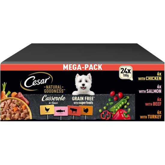 CESAR® NATURAL GOODNESS™ Schale Multipack Mega-Pack Casserole in Sauce Getreidefrei mit Superfoods 4 Varietäten 24 x 100g CESAR® NATURAL GOODNESS™ Schale Multipack Mega-Pack Casserole in Sauce Getreidefrei mit Superfoods 4 Varietäten 24 x 100g
