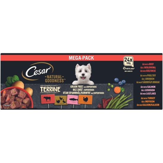 CESAR® NATURAL GOODNESS™ Schale Multipack Mega-Pack Casserole in Sauce Getreidefrei mit Superfoods 4 Varietäten 24 x 100g CESAR® NATURAL GOODNESS™ Schale Multipack Mega-Pack Casserole in Sauce Getreidefrei mit Superfoods 4 Varietäten 24 x 100g