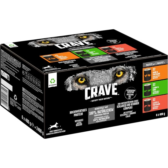 CRAVE Adult Dog Food Wet without Grain - 6 x 400 g Cans - Premium Wet Food for Dogs in 3 Different Varieties - with 100% Natural Protein CRAVE Adult Dog Food Wet without Grain - 6 x 400 g Cans - Premium Wet Food for Dogs in 3 Different Varieties - with 100% Natural Protein