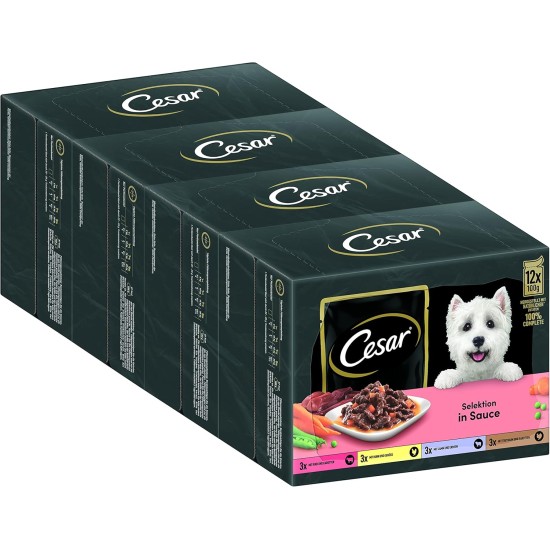 Cesar Adult Wet Dog Food Selection in Sauce, 48 Portion Bags, 12 x 100 g (Pack of 4) - Balanced Premium Dog Food Wet, Choice with Beef, Chicken, Lamb and Turkey Cesar Adult Wet Dog Food Selection in Sauce, 48 Portion Bags, 12 x 100 g (Pack of 4) - Balanced Premium Dog Food Wet, Choice with Beef, Chicken, Lamb and Turkey