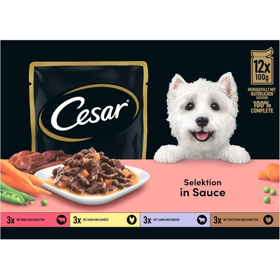 Cesar Adult Wet Dog Food Selection in Sauce, 48 Portion Bags, 12 x 100 g (Pack of 4) - Balanced Premium Dog Food Wet, Choice with Beef, Chicken, Lamb and Turkey Cesar Adult Wet Dog Food Selection in Sauce, 48 Portion Bags, 12 x 100 g (Pack of 4) - Balanced Premium Dog Food Wet, Choice with Beef, Chicken, Lamb and Turkey