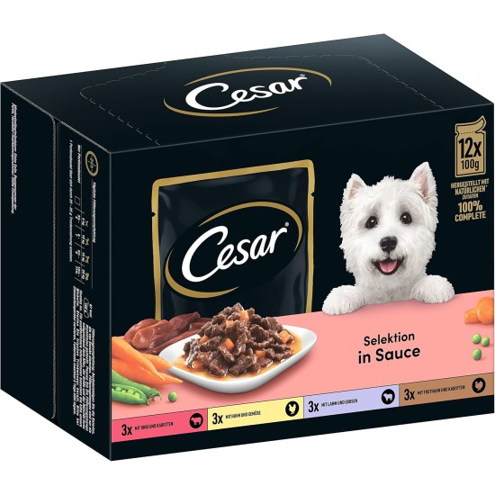 Cesar Adult Wet Dog Food Selection in Sauce, 48 Portion Bags, 12 x 100 g (Pack of 4) - Balanced Premium Dog Food Wet, Choice with Beef, Chicken, Lamb and Turkey Cesar Adult Wet Dog Food Selection in Sauce, 48 Portion Bags, 12 x 100 g (Pack of 4) - Balanced Premium Dog Food Wet, Choice with Beef, Chicken, Lamb and Turkey