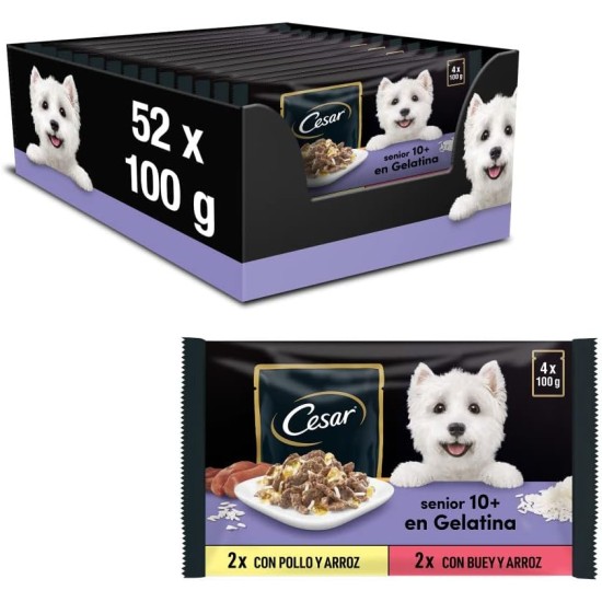 Cesar Senior 10+ Dog Food Wet Food Selection in Jelly with Chicken/Beef and Rice, 13 x (4 x 100 g) Cesar Senior 10+ Dog Food Wet Food Selection in Jelly with Chicken/Beef and Rice, 13 x (4 x 100 g)