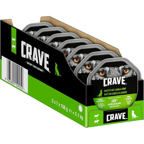 Crave Adult Wet Dog Food Pate with Lamb & Beef, 14 Bowls, 7 x 150 g (Pack of 2) - Premium Wet Dog Food with High Protein Content, No Added Grains Crave Adult Wet Dog Food Pate with Lamb & Beef, 14 Bowls, 7 x 150 g (Pack of 2) - Premium Wet Dog Food with High Protein Content, No Added Grains