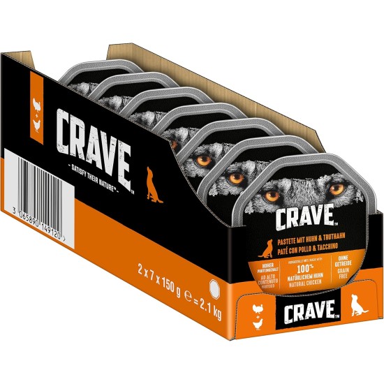 Crave Dog Crave Dog Crave Adult Wet Dog Food Pate with Chicken & Turkey, 14 Bowls, 7 x 150 g (Pack of 2) - Premium Wet Dog Food with High Protein Content, No Added Grains Crave Dog Crave Dog Crave Adult Wet Dog Food Pate with Chicken & Turkey, 14 Bowls, 7 x 150 g (Pack of 2) - Premium Wet Dog Food with High Protein Content, No Added Grains