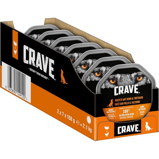 Crave Dog Crave Dog Crave Adult Wet Dog Food Pate with Chicken & Turkey, 14 Bowls, 7 x 150 g (Pack of 2) - Premium Wet Dog Food with High Protein Content, No Added Grains Crave Dog Crave Dog Crave Adult Wet Dog Food Pate with Chicken & Turkey, 14 Bowls, 7 x 150 g (Pack of 2) - Premium Wet Dog Food with High Protein Content, No Added Grains