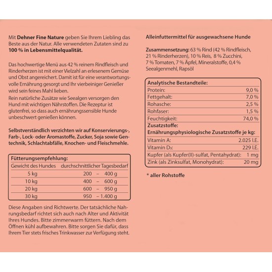 Dehner Fine Nature Dog Food, Food Grade Wet Food for Adult Dogs, Beef, 6 x 400 g Tin (2.4 kg) Dehner Fine Nature Dog Food, Food Grade Wet Food for Adult Dogs, Beef, 6 x 400 g Tin (2.4 kg)