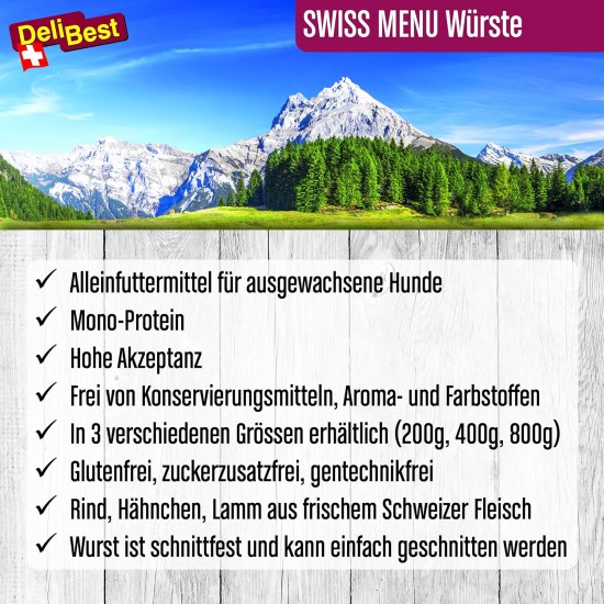 DeliBest Swiss Menu Beef Menu with Rice, Wet Food Dog Made from 100% Swiss Beef, Grain-Free & No Other Additives, High-Quality Adult Dog Food, 400 g Dog Sausage DeliBest Swiss Menu Beef Menu with Rice, Wet Food Dog Made from 100% Swiss Beef, Grain-Free & No Other Additives, High-Quality Adult Dog Food, 400 g Dog Sausage