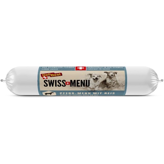 DeliBest Swiss Menu Horse Menu with Rice, Wet Food for Dogs Made from 100% Fresh Horse Meat, Gluten-Free & No Other Additives, High-Quality Adult Dog Food, 200 g Dog Sausage DeliBest Swiss Menu Horse Menu with Rice, Wet Food for Dogs Made from 100% Fresh Horse Meat, Gluten-Free & No Other Additives, High-Quality Adult Dog Food, 200 g Dog Sausage