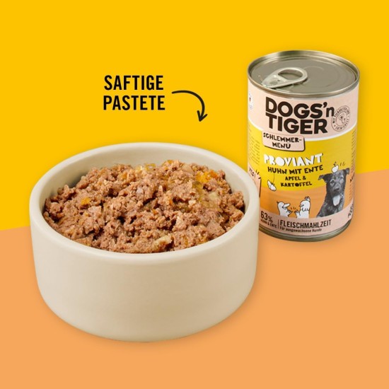 Dogs'n Tiger Adult Dog Food, Proviant, Wet Dog Food with Chicken, Duck, Apple & Potatoes - No Cereals, Added Sugar, Artificial Preservatives, Optimal Compatibility, 6 x 800 g Dogs'n Tiger Adult Dog Food, Proviant, Wet Dog Food with Chicken, Duck, Apple & Potatoes - No Cereals, Added Sugar, Artificial Preservatives, Optimal Compatibility, 6 x 800 g