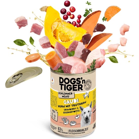 Dogs'n Tiger Adult Dog Food, Proviant, Wet Dog Food with Chicken, Duck, Apple & Potatoes - No Cereals, Added Sugar, Artificial Preservatives, Optimal Compatibility, 6 x 800 g Dogs'n Tiger Adult Dog Food, Proviant, Wet Dog Food with Chicken, Duck, Apple & Potatoes - No Cereals, Added Sugar, Artificial Preservatives, Optimal Compatibility, 6 x 800 g