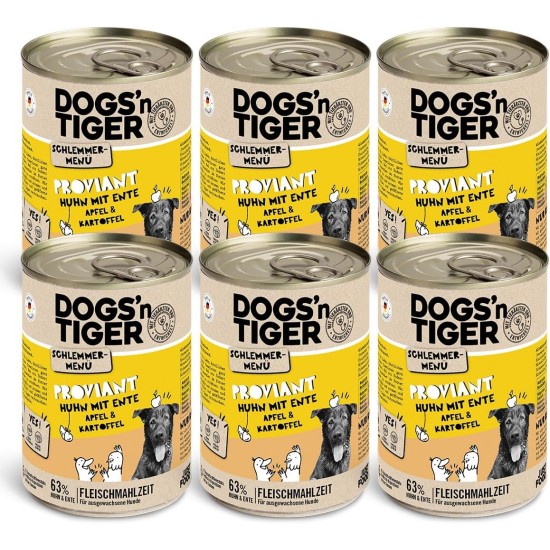 Dogs'n Tiger Adult Dog Food, Proviant, Wet Dog Food with Chicken, Duck, Apple & Potatoes - No Cereals, Added Sugar, Artificial Preservatives, Optimal Compatibility, 6 x 800 g Dogs'n Tiger Adult Dog Food, Proviant, Wet Dog Food with Chicken, Duck, Apple & Potatoes - No Cereals, Added Sugar, Artificial Preservatives, Optimal Compatibility, 6 x 800 g