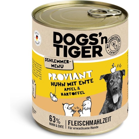 Dogs'n Tiger Adult Dog Food, Proviant, Wet Dog Food with Chicken, Duck, Apple & Potatoes - No Cereals, Added Sugar, Artificial Preservatives, Optimal Compatibility, 6 x 800 g Dogs'n Tiger Adult Dog Food, Proviant, Wet Dog Food with Chicken, Duck, Apple & Potatoes - No Cereals, Added Sugar, Artificial Preservatives, Optimal Compatibility, 6 x 800 g