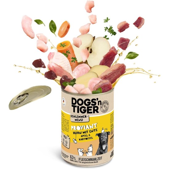 Dogs'n Tiger Adult Dog Food, Proviant, Wet Dog Food with Chicken, Duck, Apple & Potatoes - No Cereals, Added Sugar, Artificial Preservatives, Optimal Compatibility, 6 x 800 g Dogs'n Tiger Adult Dog Food, Proviant, Wet Dog Food with Chicken, Duck, Apple & Potatoes - No Cereals, Added Sugar, Artificial Preservatives, Optimal Compatibility, 6 x 800 g