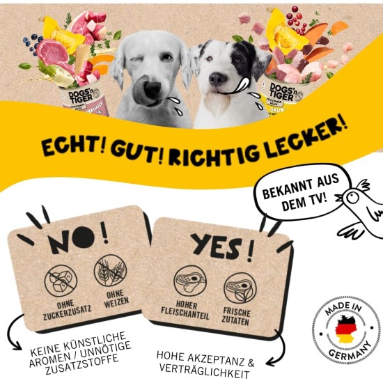 Dogs'n Tiger Adult Dog Food, Proviant, Wet Dog Food with Chicken, Duck, Apple & Potatoes - No Cereals, Added Sugar, Artificial Preservatives, Optimal Compatibility, 6 x 800 g Dogs'n Tiger Adult Dog Food, Proviant, Wet Dog Food with Chicken, Duck, Apple & Potatoes - No Cereals, Added Sugar, Artificial Preservatives, Optimal Compatibility, 6 x 800 g