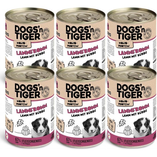 Dogs'n Tiger Monoprotein Lambfromm, Premium Wet Dog Food for Puppies with Lamb and Pumpkin - No Cereals, Added Sugar, Optimal Compatibility, 6 x 400 g Dogs'n Tiger Monoprotein Lambfromm, Premium Wet Dog Food for Puppies with Lamb and Pumpkin - No Cereals, Added Sugar, Optimal Compatibility, 6 x 400 g