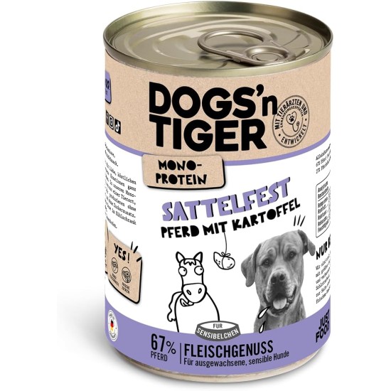Dogs'n Tiger Monoprotein, Saddle Resistant, Adult Premium Wet Dog Food with Horse Meat and Potatoes, Hypoallergenic, No Grains, Added Sugar, with Optimal Compatibility, 6 x 400 g Dogs'n Tiger Monoprotein, Saddle Resistant, Adult Premium Wet Dog Food with Horse Meat and Potatoes, Hypoallergenic, No Grains, Added Sugar, with Optimal Compatibility, 6 x 400 g