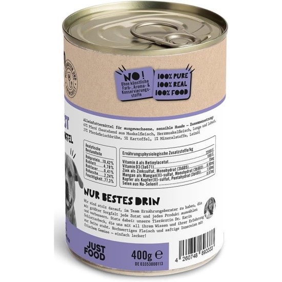 Dogs'n Tiger Monoprotein, Saddle Resistant, Adult Premium Wet Dog Food with Horse Meat and Potatoes, Hypoallergenic, No Grains, Added Sugar, with Optimal Compatibility, 6 x 400 g Dogs'n Tiger Monoprotein, Saddle Resistant, Adult Premium Wet Dog Food with Horse Meat and Potatoes, Hypoallergenic, No Grains, Added Sugar, with Optimal Compatibility, 6 x 400 g