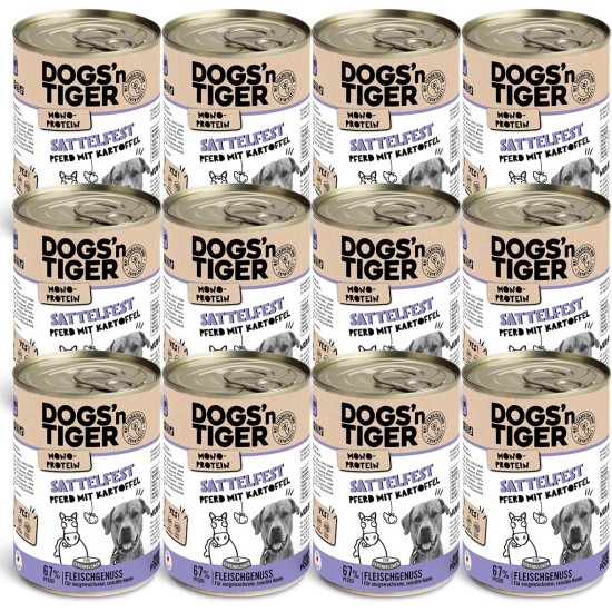 Dogs'n Tiger Monoprotein, Saddle Resistant, Adult Premium Wet Dog Food with Horse Meat and Potatoes, Hypoallergenic, No Grains, Added Sugar, with Optimal Compatibility, 6 x 400 g Dogs'n Tiger Monoprotein, Saddle Resistant, Adult Premium Wet Dog Food with Horse Meat and Potatoes, Hypoallergenic, No Grains, Added Sugar, with Optimal Compatibility, 6 x 400 g